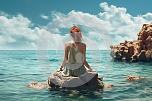 AI generated illustration of a young woman atop a large rock in an ocean landscape