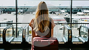 AI-generated illustration of a young woman with a bag in front of an airport window