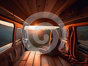 AI generated illustration of A young woman seated in the back of a campervan, admiring the view