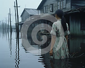 AI generated illustration of a young woman in shallow water in front of a row of wooden shacks
