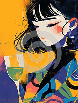 AI generated illustration of a young woman sipping wine against a vibrant backdrop