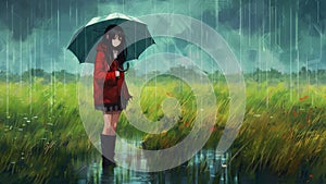 AI generated illustration of A young woman standing in the rain