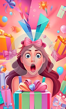 AI generated illustration of a young woman surprised while unboxing gift boxes