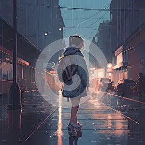 AI generated illustration of a young woman walking alone on a city street during a rainy night