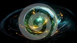 AI generated illustration of z green glass sphere emits a bright, luminous glow