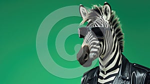 AI generated illustration of a zebra standing in a lush green field wearing a stylish biker jacket