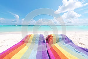 AI generated imaga of towels in rainbow colors on perfect beach photo
