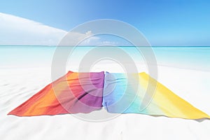 AI generated imaga of towels in rainbow colors on perfect beach photo