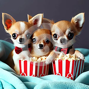 AI-generated image of 3 chihuahuas on a mattress and a popcorn. ready to watch movies together.generative AI