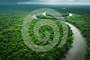 Aerial view of Amazon River. Aerial view of banks of Amazon River on sunny day photo
