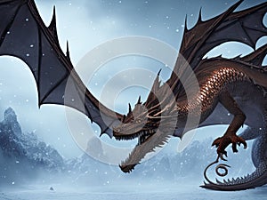 AI generated image of Ancient dragon in the snowy hills with snow falling