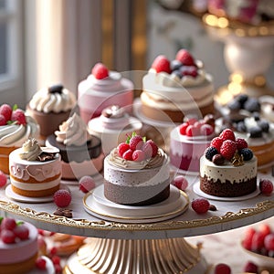 assorted mini cakes and cupcakes with berries on dessert table