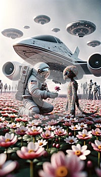 AI-Generated Image: Astronaut Meeting Alien on Flower Planet
