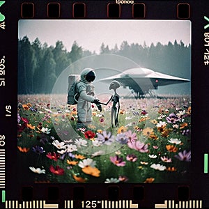 AI-Generated Image: Astronaut Meeting Alien on Flower Planet