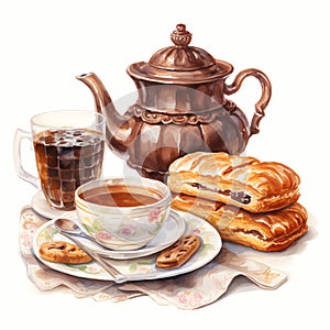 beautiful Teatime scene with chocolate-flavored pastries watercolor clipart illustration photo