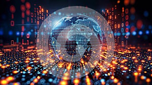 binary data swirling around the globe, illustration of world wide web, digital world