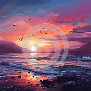AI generated image of birds in flight over a tranquil seascape at sunset