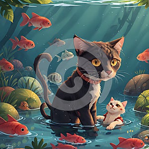 AI generated image of a black cat, a white kitten and several fishes immersed in water