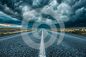 Black clouds and road, Empty highway with a background of dark storm clouds