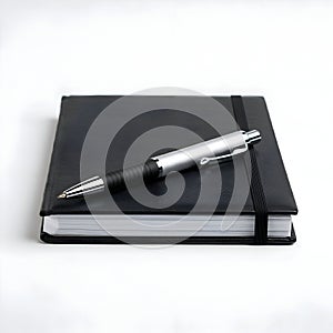 AI Generated Image of a Black Notebook with a Silver Pen Resting on It photo