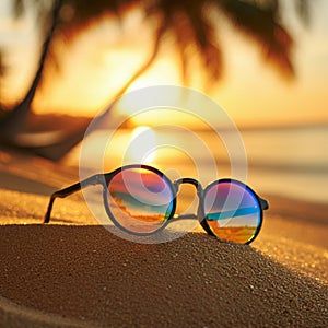 AI-Generated Image: Black Round Sunglasses Reflecting Sunset on the Beach photo