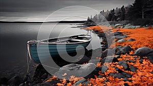 Blue wooden boat on rocky lake shore with orange autumn leaves and gray rocky forest