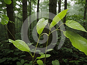 AI generated image of bright green leaves in the midst of a dense forest just after rainfall