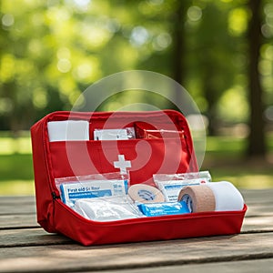 AI Generated Bright Yellow First Aid Kit Open on Bench with Medical Supplies
