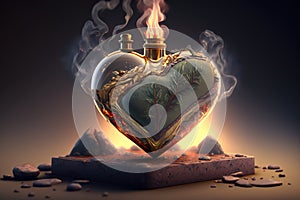 AI generated image of burning heart with golden elements