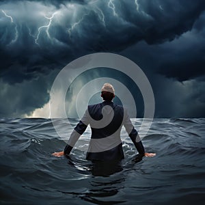 AI generated image of a businessman standing in the water and looking up at a stormy sky