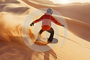 Adventurer Sandboarding Down Majestic Desert Dunes photo