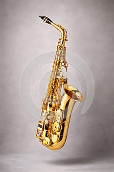 Golden Saxophone Floating In Studio Light For Jazz And Modern Music Themes