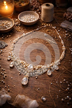 Handmade Pearl Necklace Crafting Process On Rustic Wooden Table