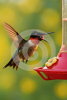 Hummingbird Flying Toward Feeder With Open Wings In Soft Natural Light