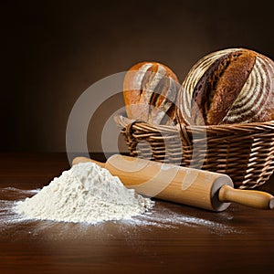 AI-Generated Rustic Bread Loaves with Flour and Rolling Pin