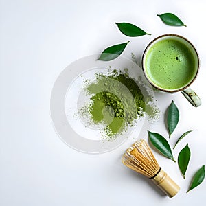 AI-Generated Cup of Matcha Tea, Matcha Powder, Green Tea Leaves, and Bamboo Whisk photo