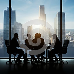 AI-Generated Silhouette of Business People Around a Table with City Views photo