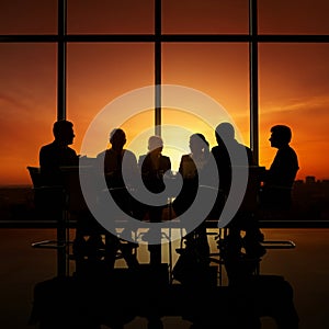 AI-Generated Silhouette of Business People Around a Table with City Views photo