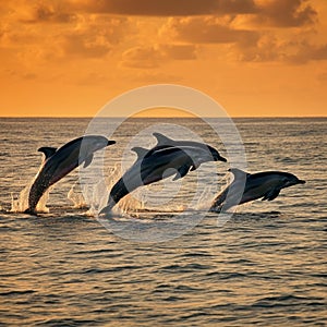 AI-Generated Image: Dolphins Leaping from Ocean at Sunset photo