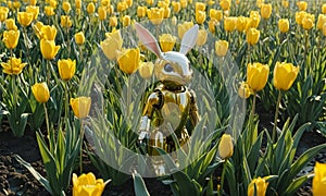 toy rabbit in field yellow tulipps photo