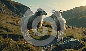 two sheep standing on grassy hill