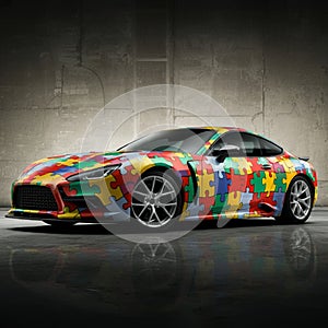 AI-Generated Image: Car Covered in Jigsaw Puzzle Pieces with Mirrored Reflection