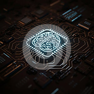 AI-Generated Image: Circuit Board with Glowing Brain Icon Symbolizing AI photo