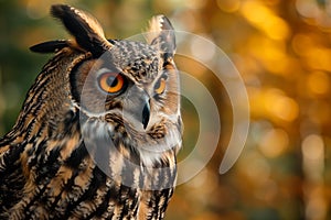 Close up view portrait of the eagle owl in the forest