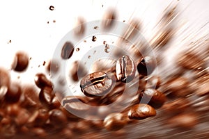 Ai generated image of coffee beans flying over white