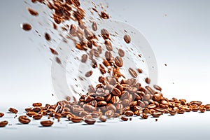 Ai generated image of coffee beans flying over white
