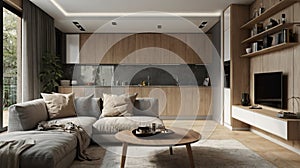 AI generated image of a compact yet thoughtfully designed interior of a modern small house