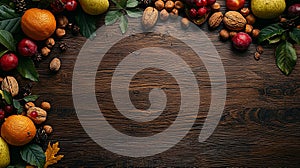 Autumnal fruit and nuts arranged on wooden surface