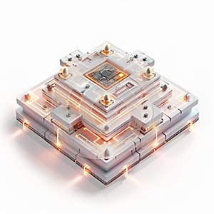 A 3D icon of a tech breakthrough quantum computing chip with a white background