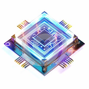 A 3D icon of a tech breakthrough quantum computing chip with a white background